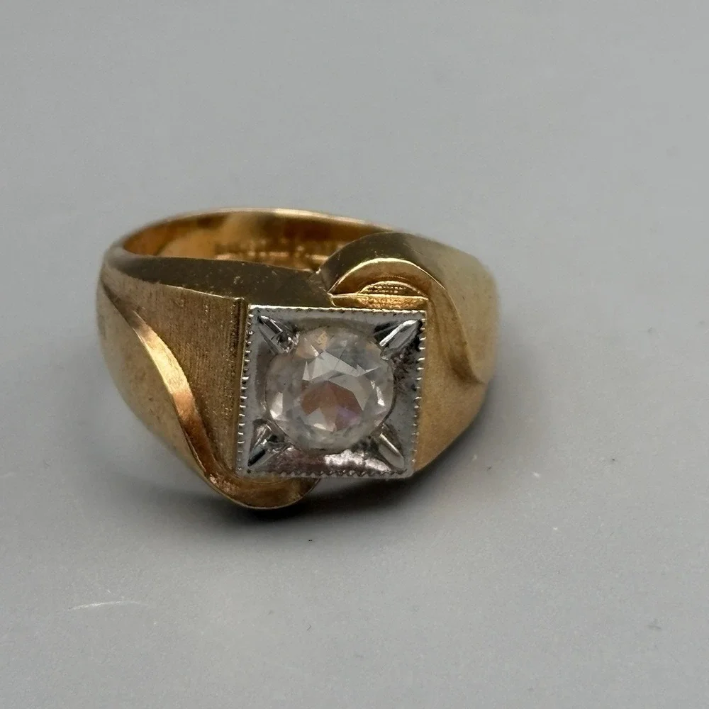 Vintage Mens 10k Gold Filled Ring Clear Stone 9.75 MCM Bold Statement 9.58g